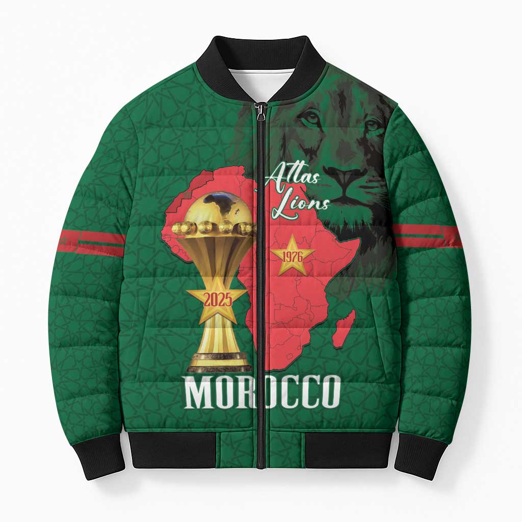 Morocco Football Custom Bomber Puffer Jacket Atlas Lions Champions African Green Islamic Pattern