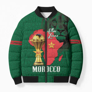 Morocco Football Custom Bomber Puffer Jacket Atlas Lions Champions African Green Islamic Pattern