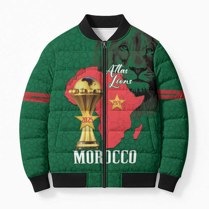 Morocco Football Custom Bomber Puffer Jacket Atlas Lions Champions African Green Islamic Pattern