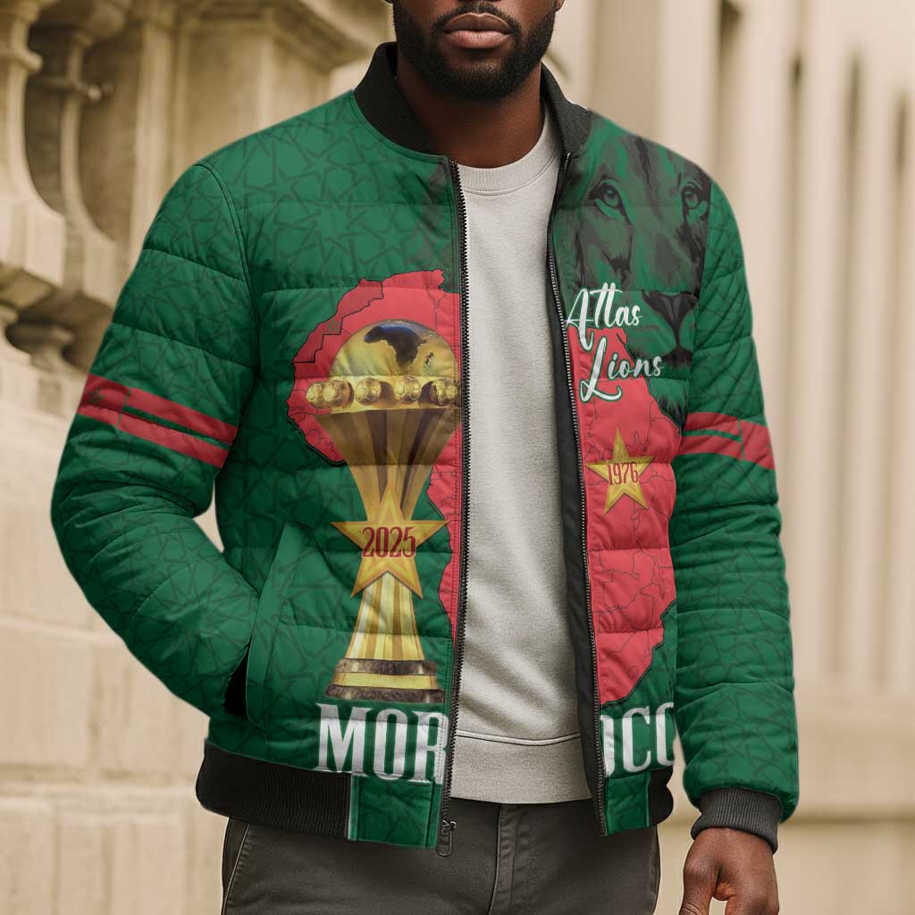 Morocco Football Custom Bomber Puffer Jacket Atlas Lions Champions African Green Islamic Pattern