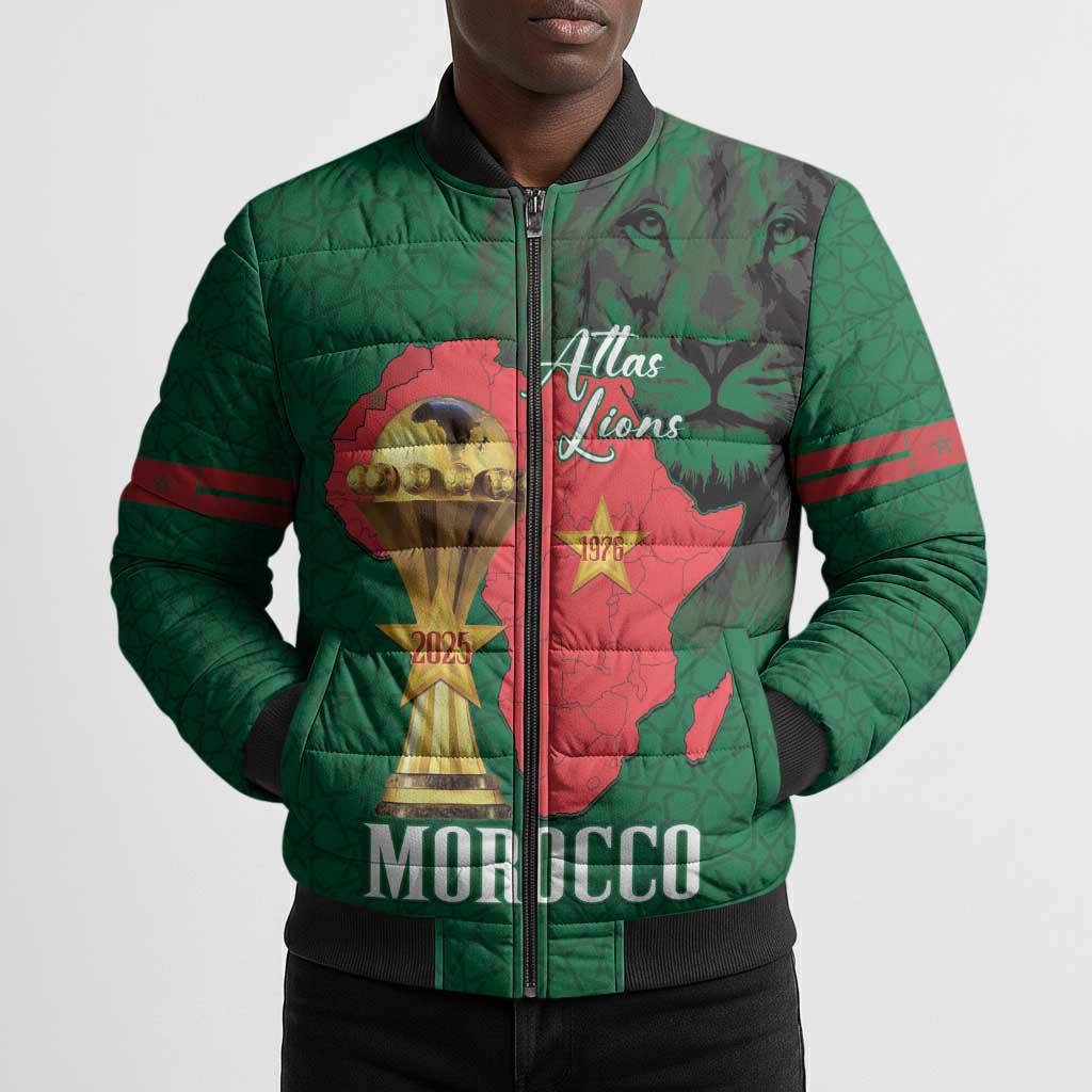 Morocco Football Custom Bomber Puffer Jacket Atlas Lions Champions African Green Islamic Pattern