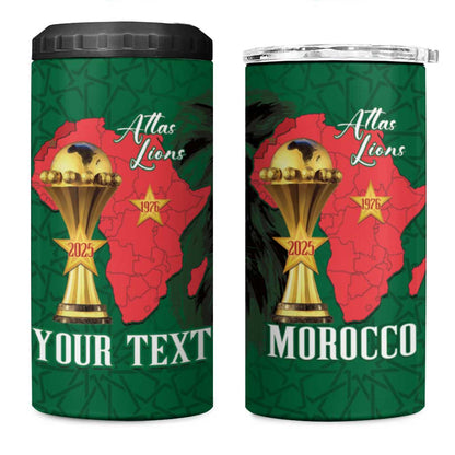 Morocco Football Custom 4 in 1 Can Cooler Tumbler Atlas Lions Champions African Green Islamic Pattern