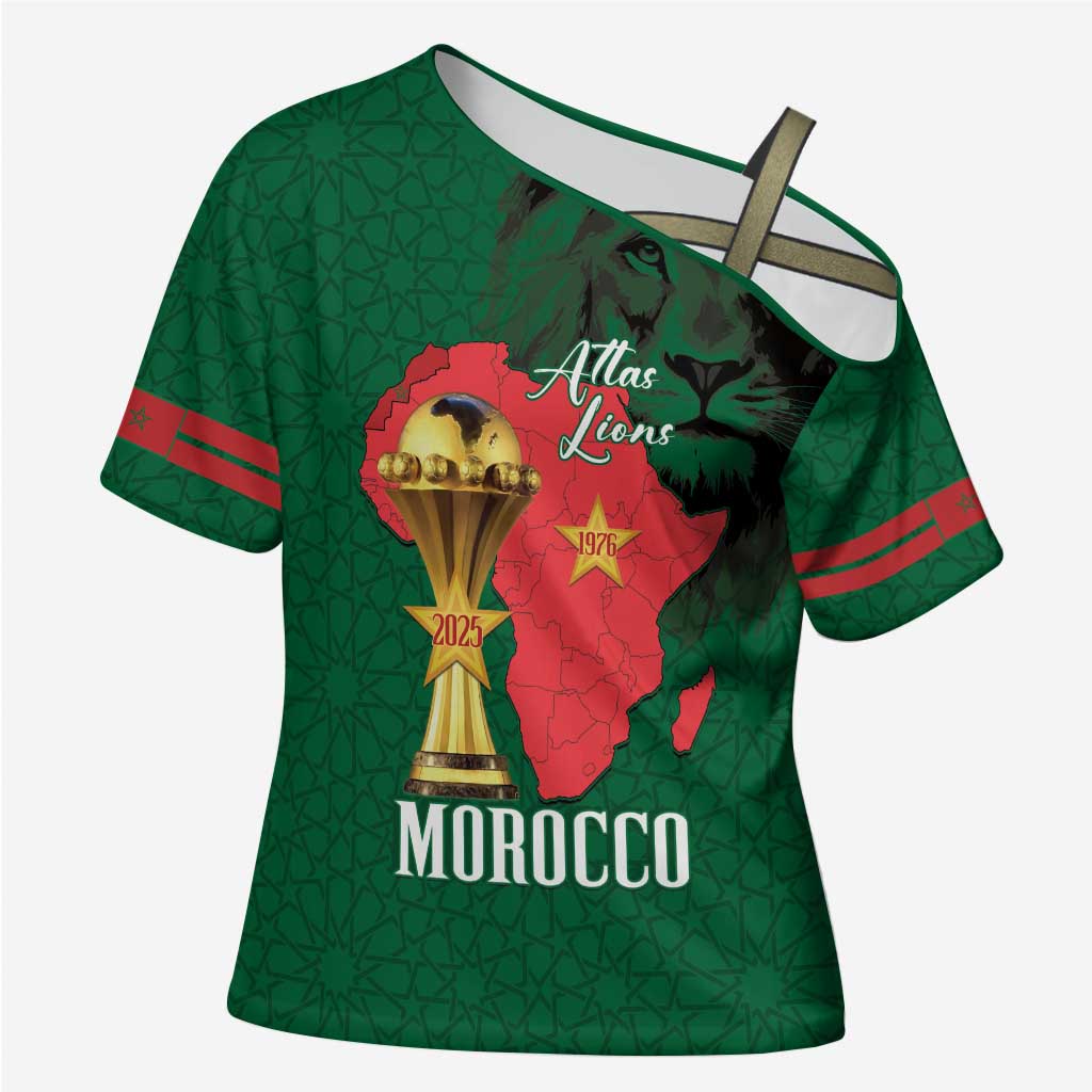 Morocco Football Custom Cross Shoulder Shirt Atlas Lions Champions African Green Islamic Pattern