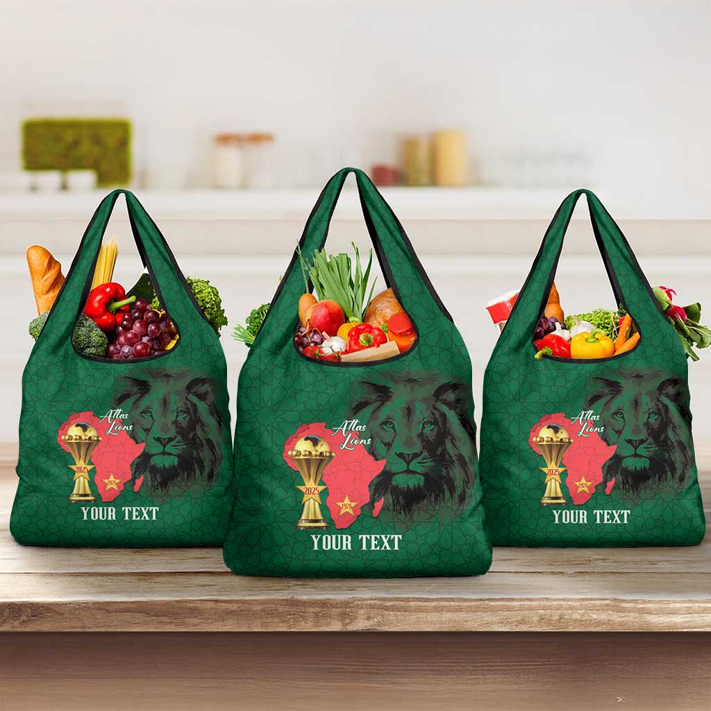 Morocco Football Custom Grocery Bag Atlas Lions Champions African Green Islamic Pattern