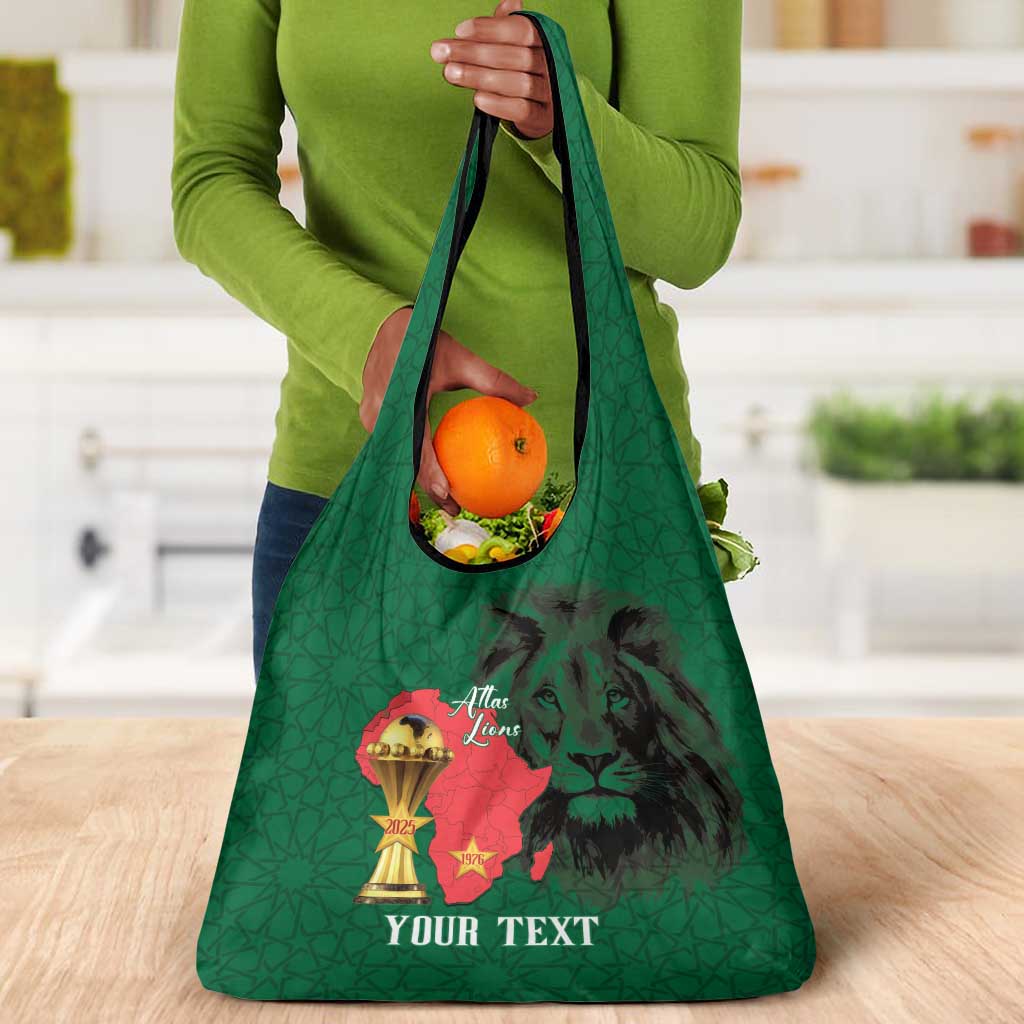 Morocco Football Custom Grocery Bag Atlas Lions Champions African Green Islamic Pattern
