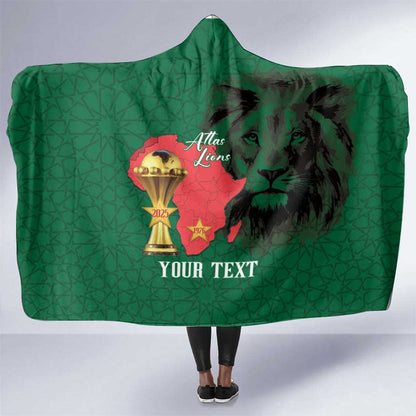 Morocco Football Custom Hooded Blanket Atlas Lions Champions African Green Islamic Pattern