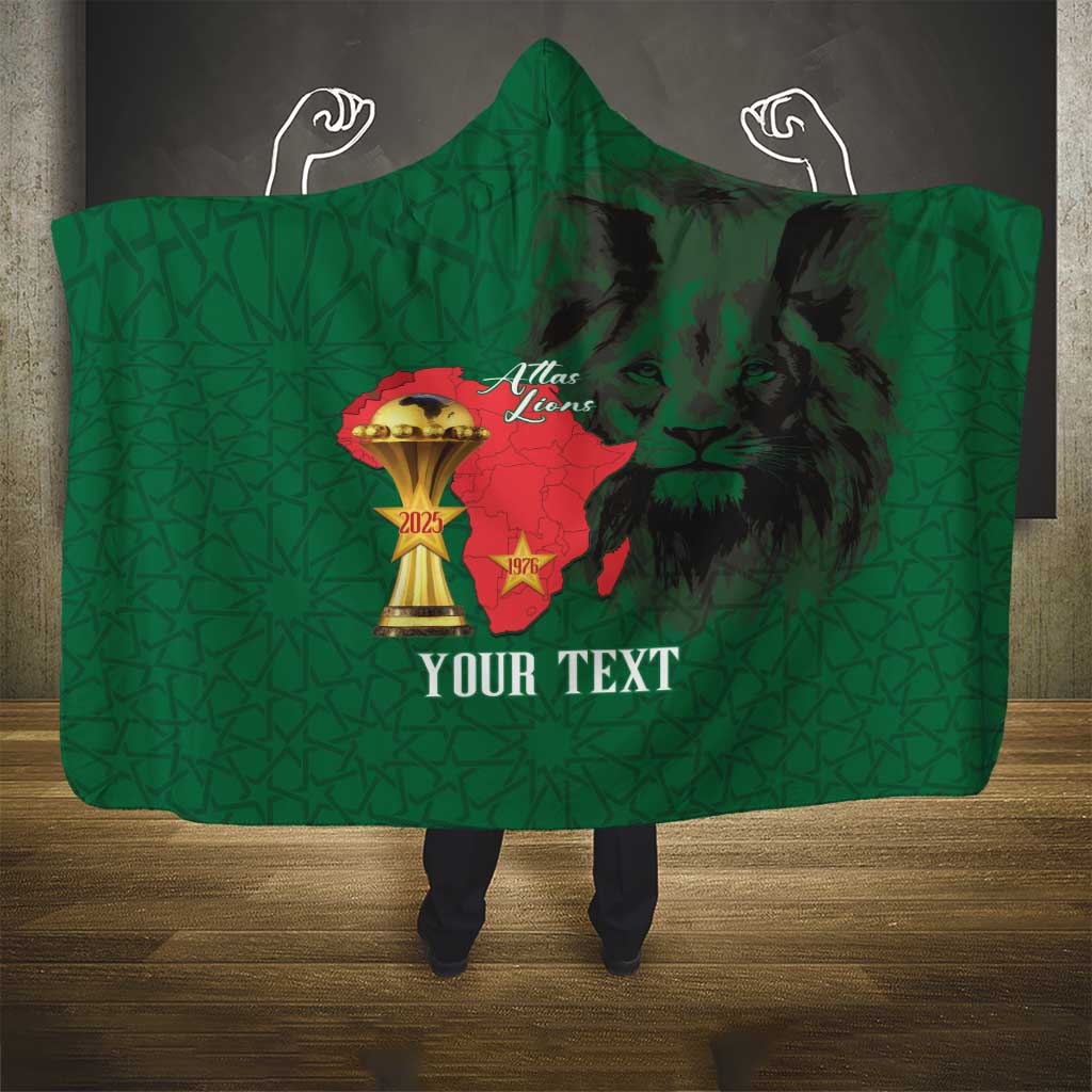 Morocco Football Custom Hooded Blanket Atlas Lions Champions African Green Islamic Pattern