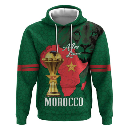 Morocco Football Custom Hoodie Atlas Lions Champions African Green Islamic Pattern