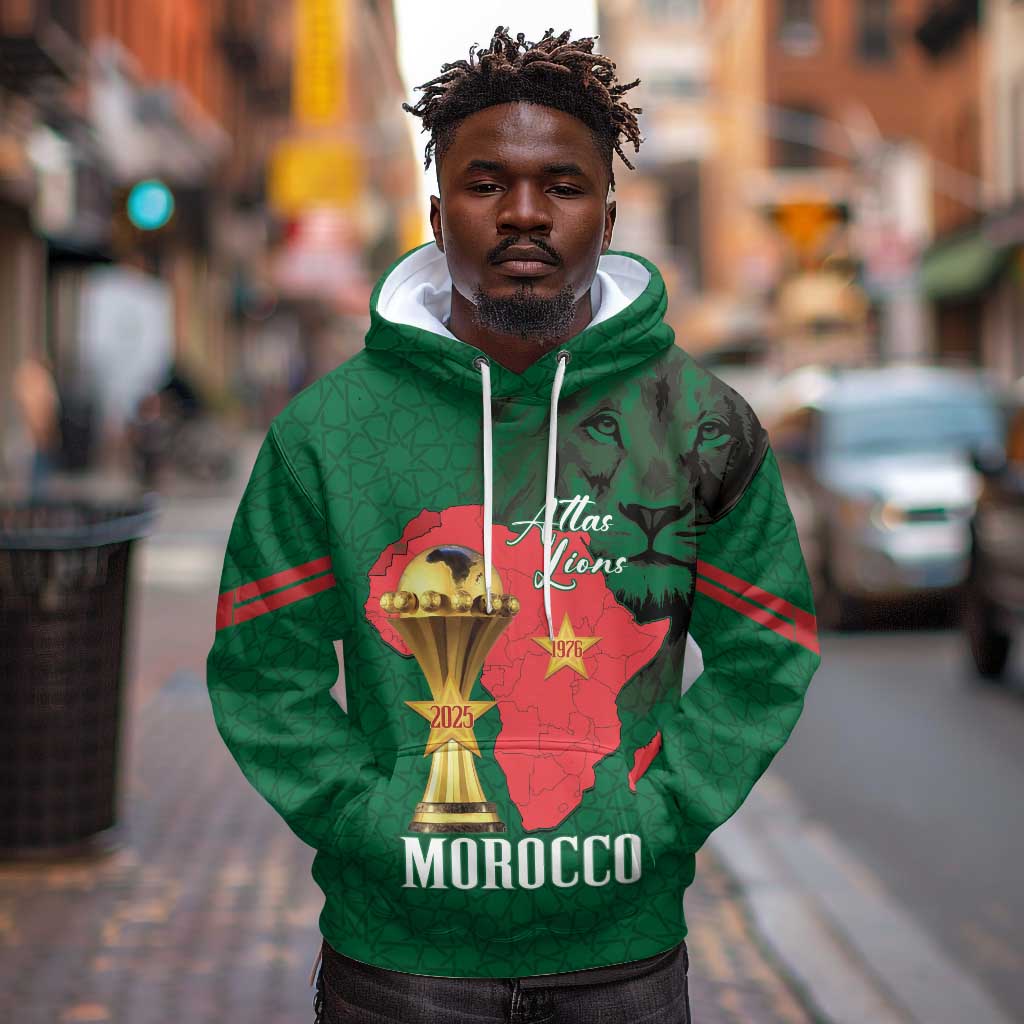 Morocco Football Custom Hoodie Atlas Lions Champions African Green Islamic Pattern