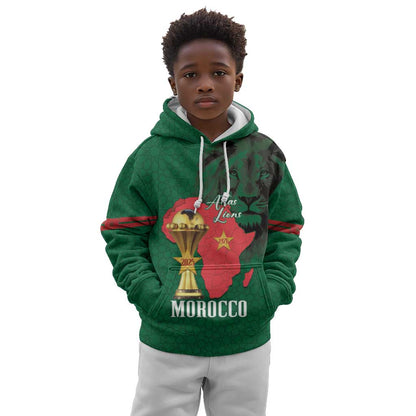 Morocco Football Custom Kid Hoodie Atlas Lions Champions African Green Islamic Pattern