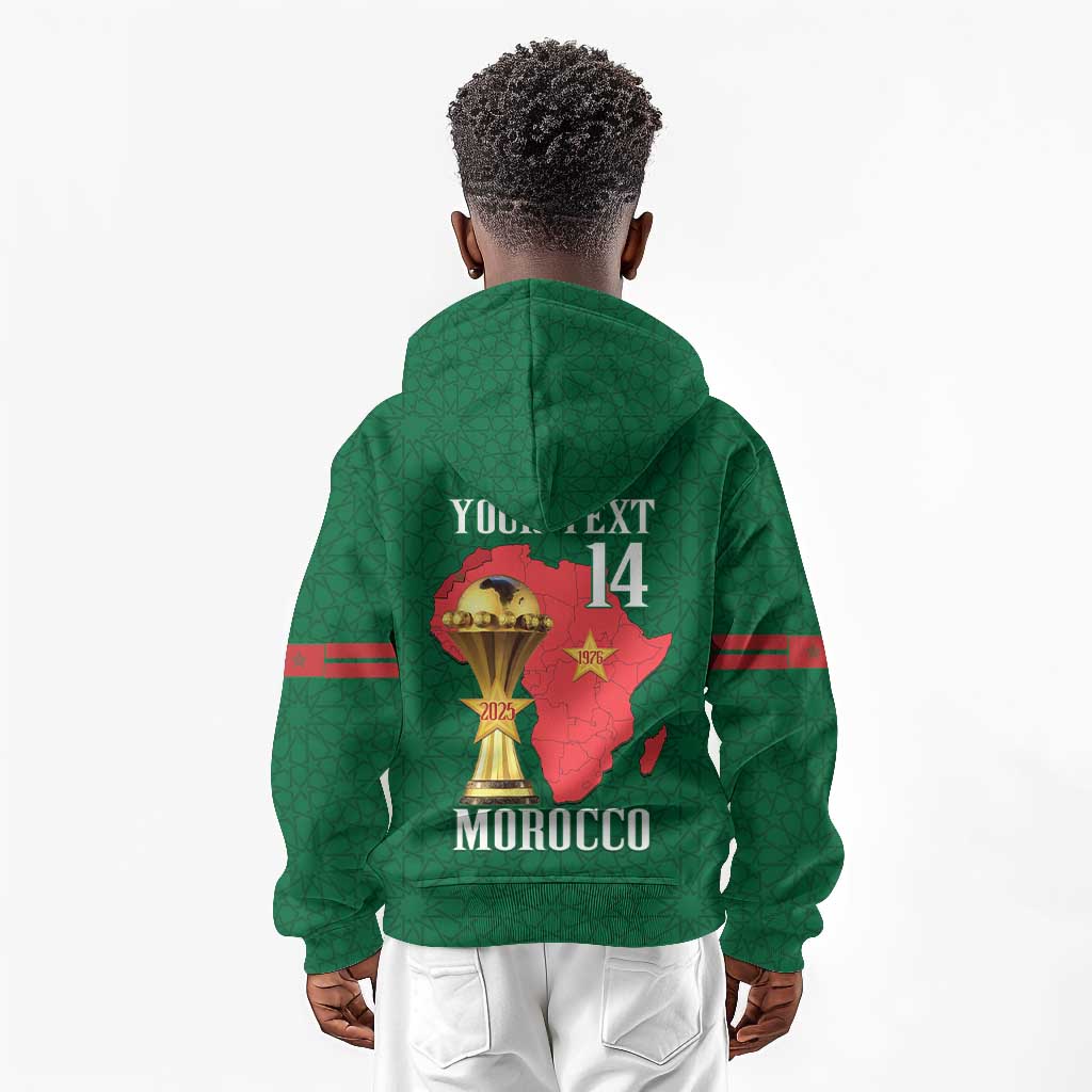 Morocco Football Custom Kid Hoodie Atlas Lions Champions African Green Islamic Pattern