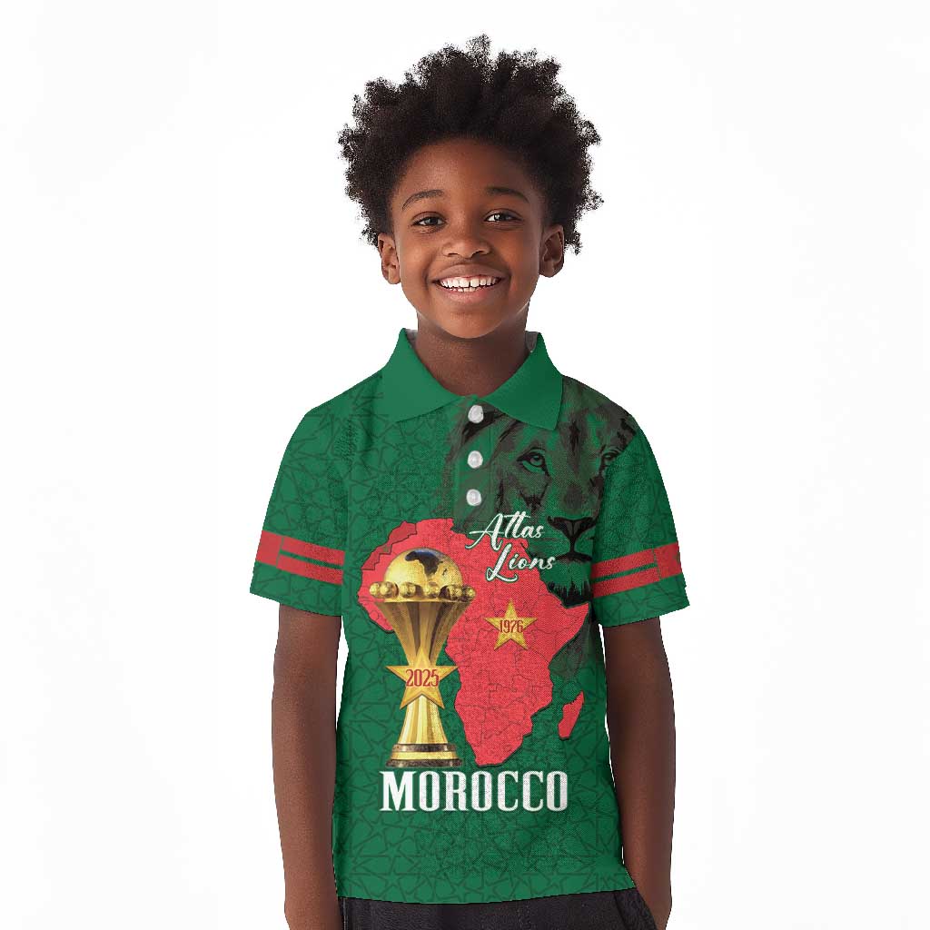 Morocco Football Custom Kid Polo Shirt Atlas Lions Champions African Green Islamic Pattern