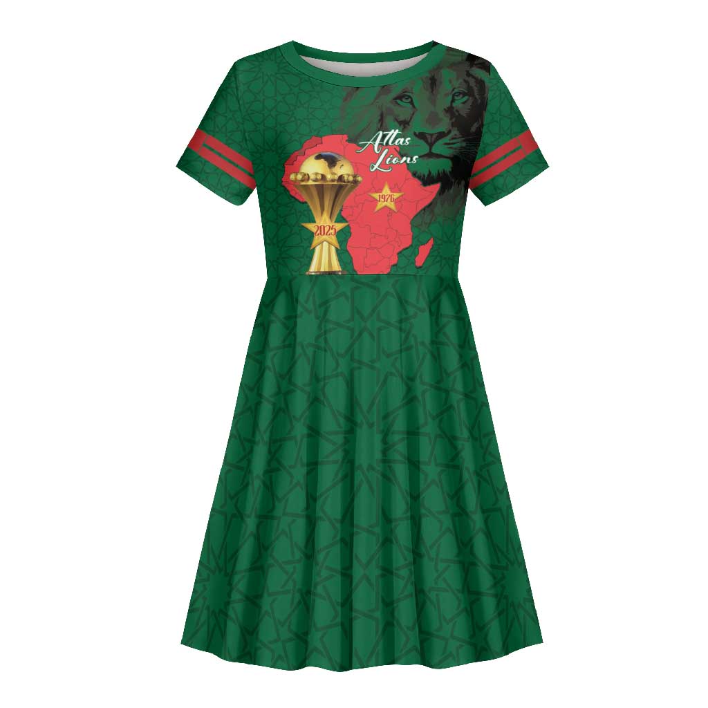 Morocco Football Custom Kid Short Sleeve Dress Atlas Lions Champions African Green Islamic Pattern