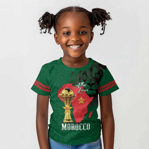 Morocco Football Custom Kid T shirt Atlas Lions Champions African Green Islamic Pattern