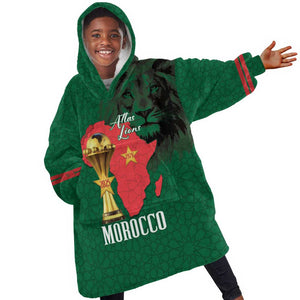 Morocco Football Custom Kid Wearable Blanket Hoodie Atlas Lions Champions African Green Islamic Pattern
