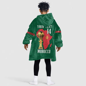 Morocco Football Custom Kid Wearable Blanket Hoodie Atlas Lions Champions African Green Islamic Pattern