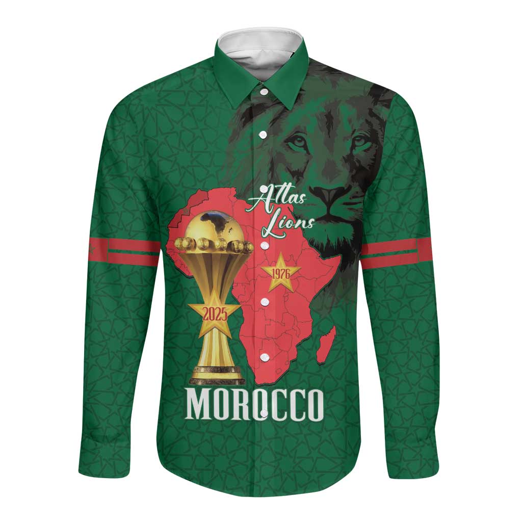 Morocco Football Custom Long Sleeve Button Shirt Atlas Lions Champions African Green Islamic Pattern