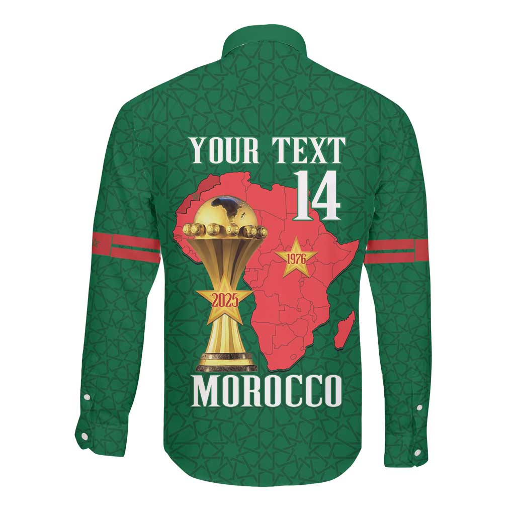 Morocco Football Custom Long Sleeve Button Shirt Atlas Lions Champions African Green Islamic Pattern