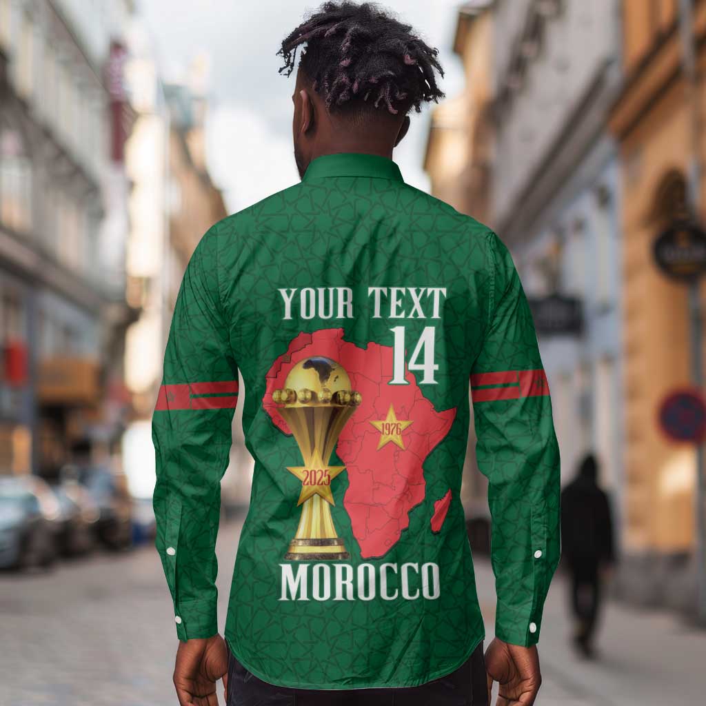 Morocco Football Custom Long Sleeve Button Shirt Atlas Lions Champions African Green Islamic Pattern