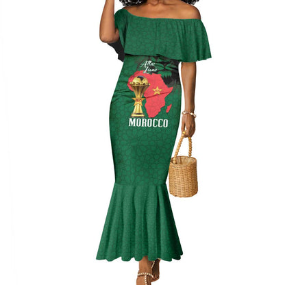 Morocco Football Custom Mermaid Dress Atlas Lions Champions African Green Islamic Pattern