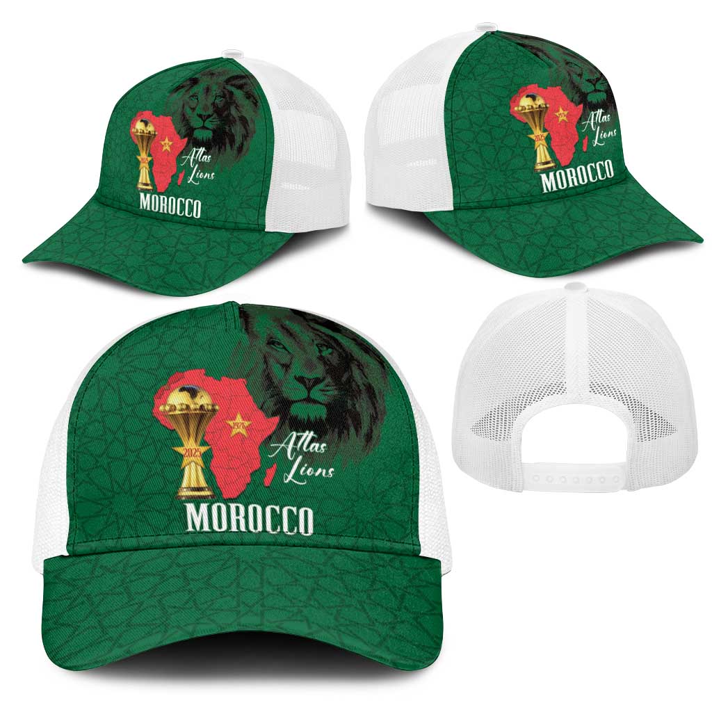 Morocco Football Mesh Trucker Cap Atlas Lions Champions African Green Islamic Pattern
