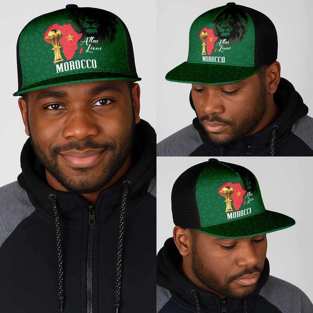 Morocco Football Mesh Trucker Cap Atlas Lions Champions African Green Islamic Pattern