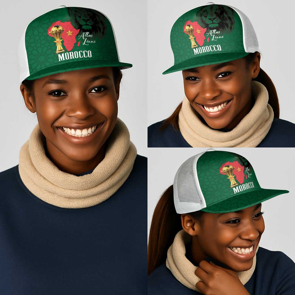 Morocco Football Mesh Trucker Cap Atlas Lions Champions African Green Islamic Pattern