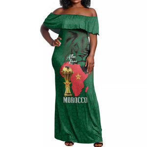 Morocco Football Custom Off Shoulder Maxi Dress Atlas Lions Champions African Green Islamic Pattern