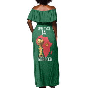 Morocco Football Custom Off Shoulder Maxi Dress Atlas Lions Champions African Green Islamic Pattern