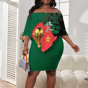 Morocco Football Custom Off Shoulder Short Dress Atlas Lions Champions African Green Islamic Pattern