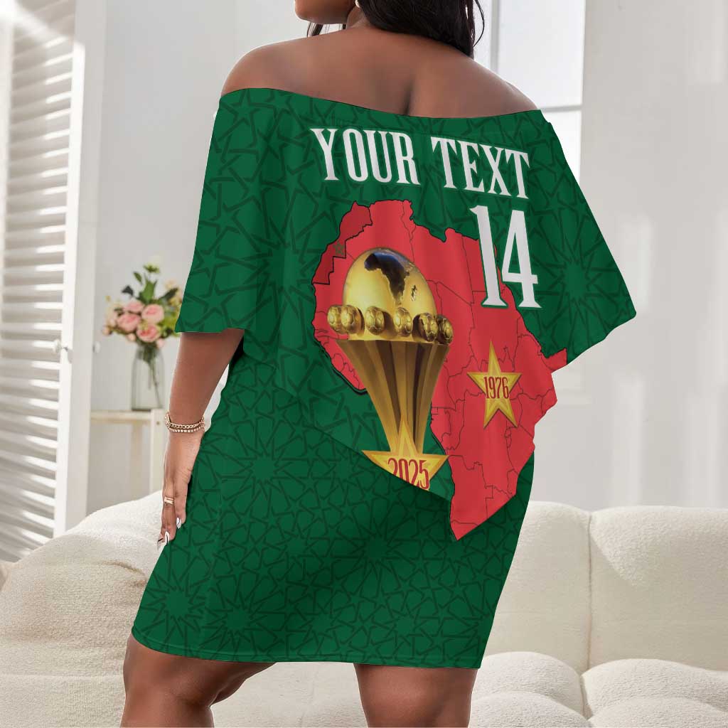 Morocco Football Custom Off Shoulder Short Dress Atlas Lions Champions African Green Islamic Pattern