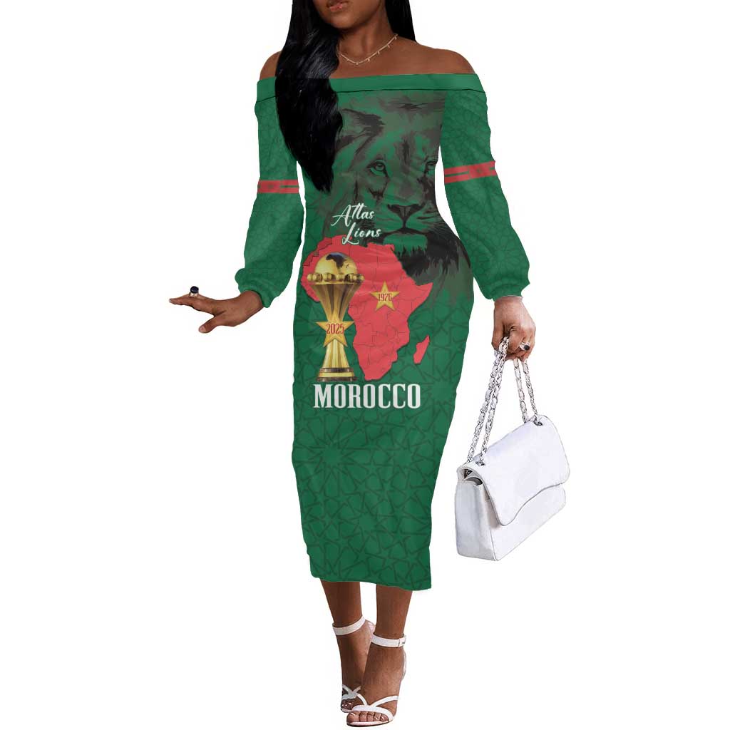 Morocco Football Custom Off The Shoulder Long Sleeve Dress Atlas Lions Champions African Green Islamic Pattern