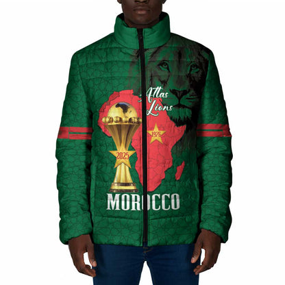 Morocco Football Custom Padded Jacket Atlas Lions Champions African Green Islamic Pattern