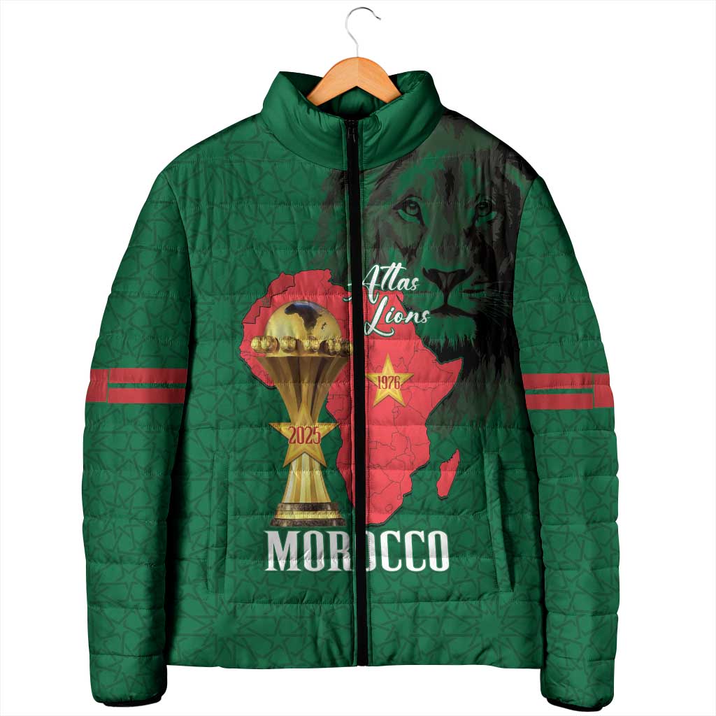 Morocco Football Custom Padded Jacket Atlas Lions Champions African Green Islamic Pattern