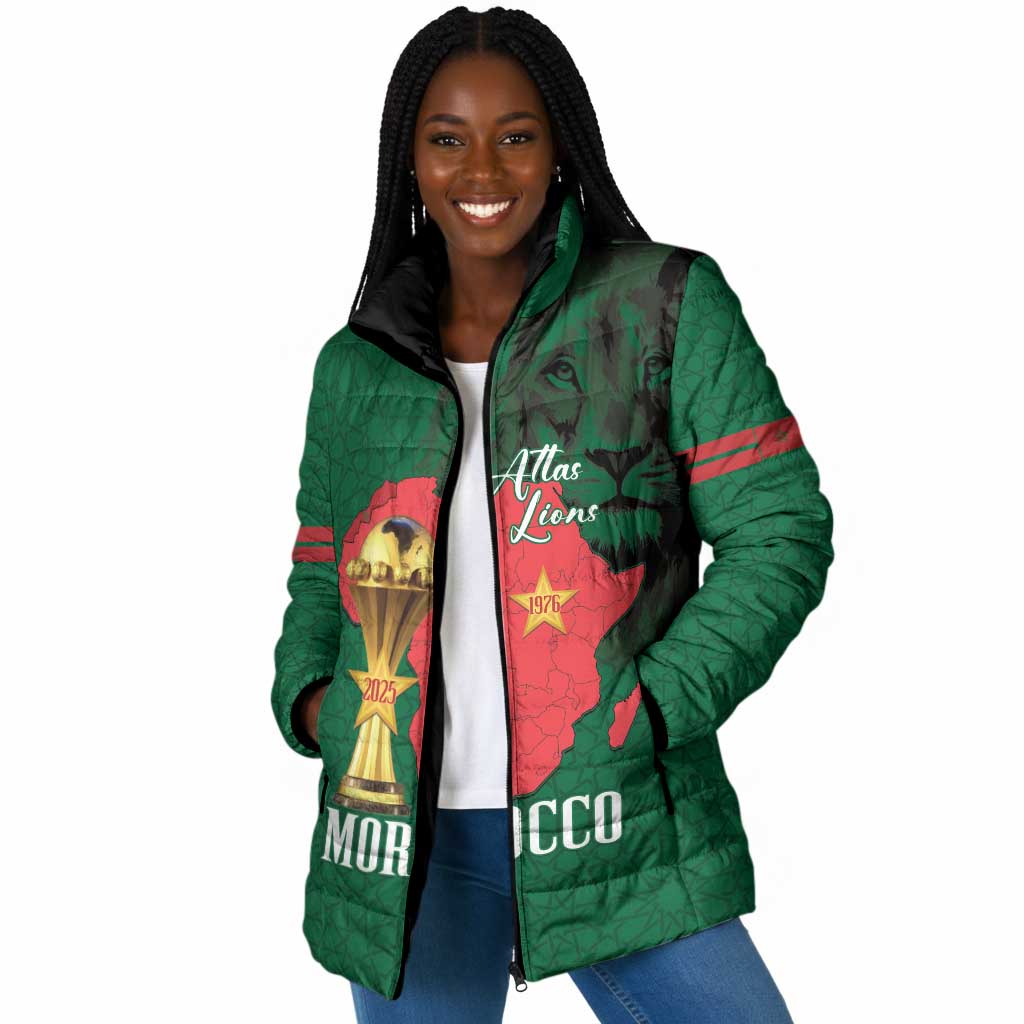 Morocco Football Custom Padded Jacket Atlas Lions Champions African Green Islamic Pattern