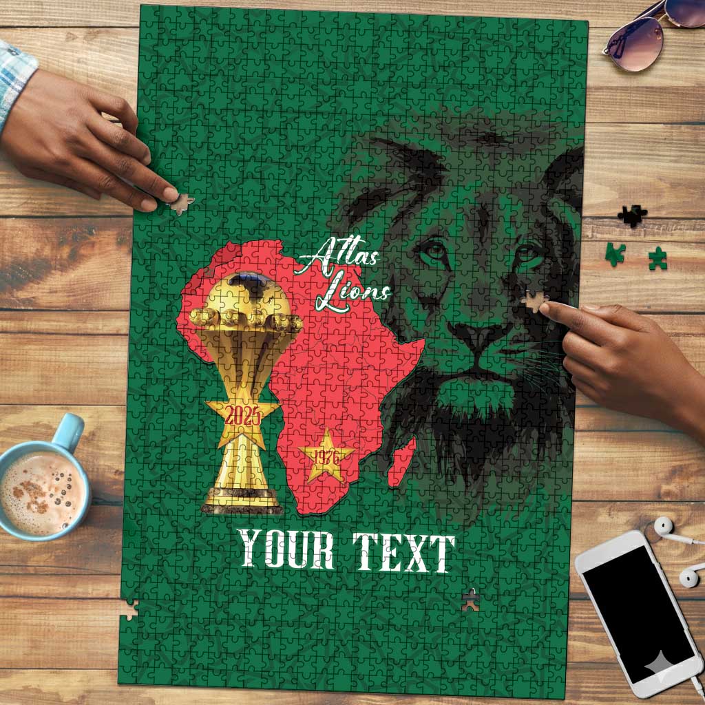 Morocco Football Custom Puzzle Atlas Lions Champions African Green Islamic Pattern