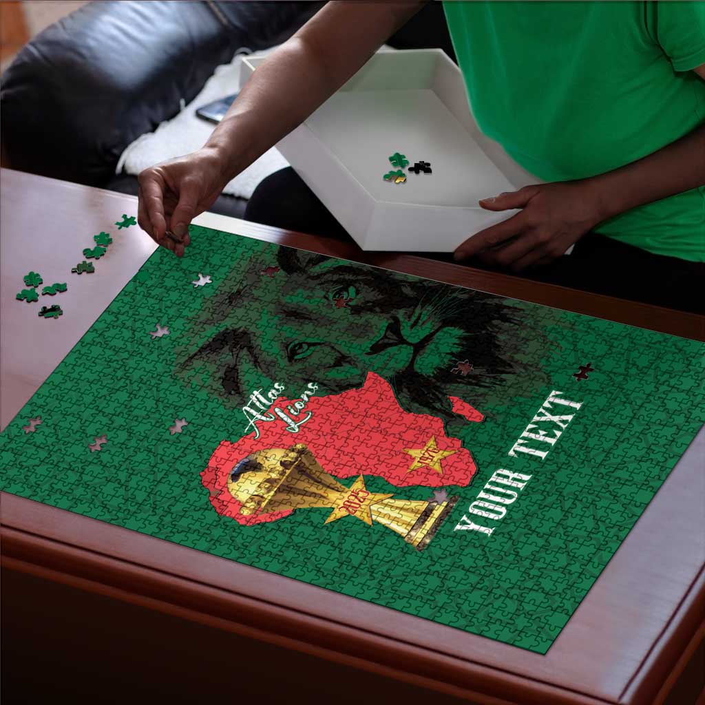Morocco Football Custom Puzzle Atlas Lions Champions African Green Islamic Pattern