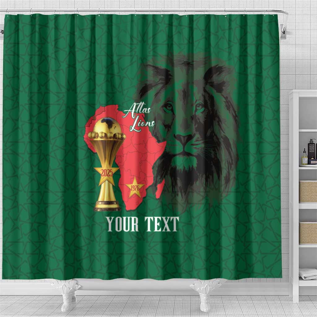 Morocco Football Custom Shower Curtain Atlas Lions Champions African Green Islamic Pattern