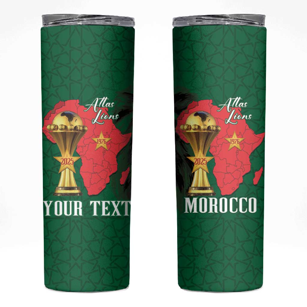 Morocco Football Custom Skinny Tumbler Atlas Lions Champions African Green Islamic Pattern