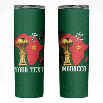 Morocco Football Custom Skinny Tumbler Atlas Lions Champions African Green Islamic Pattern