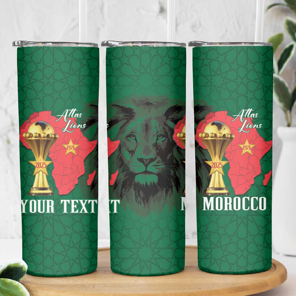 Morocco Football Custom Skinny Tumbler Atlas Lions Champions African Green Islamic Pattern