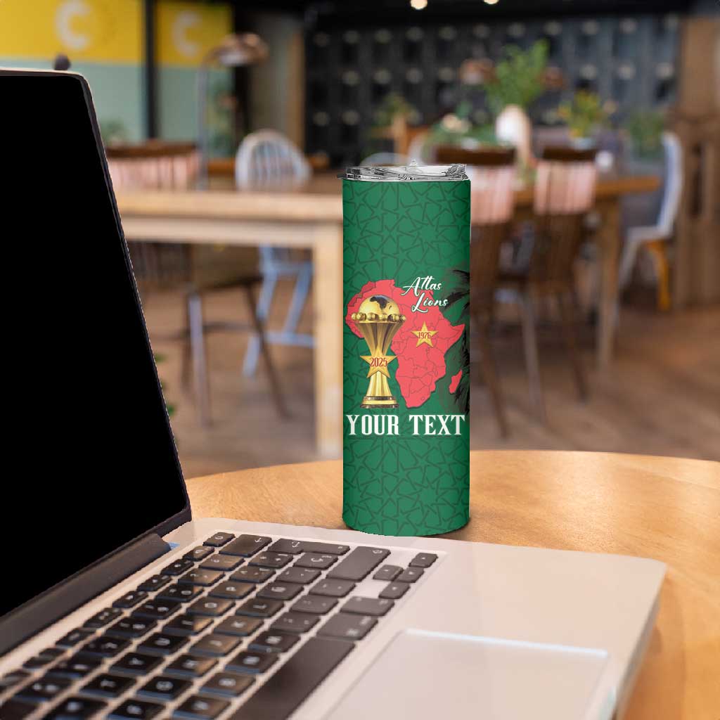 Morocco Football Custom Skinny Tumbler Atlas Lions Champions African Green Islamic Pattern
