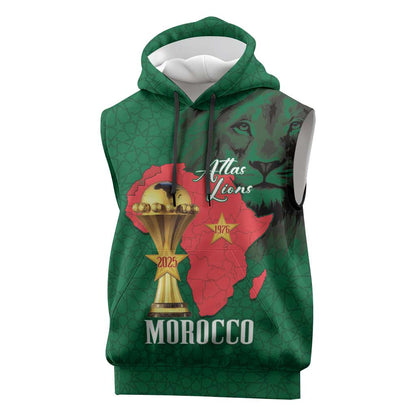 Morocco Football Custom Sleeveless Hoodie Atlas Lions Champions African Green Islamic Pattern