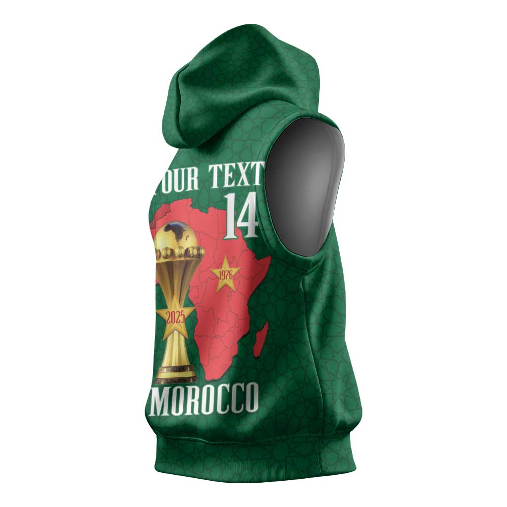Morocco Football Custom Sleeveless Hoodie Atlas Lions Champions African Green Islamic Pattern