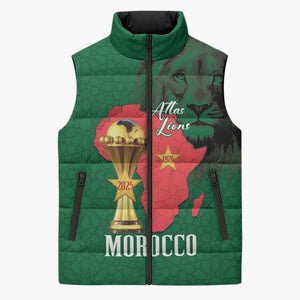 Morocco Football Custom Sleeveless Puffer Jacket Atlas Lions Champions African Green Islamic Pattern
