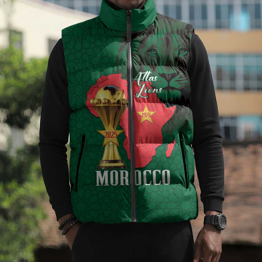 Morocco Football Custom Sleeveless Puffer Jacket Atlas Lions Champions African Green Islamic Pattern