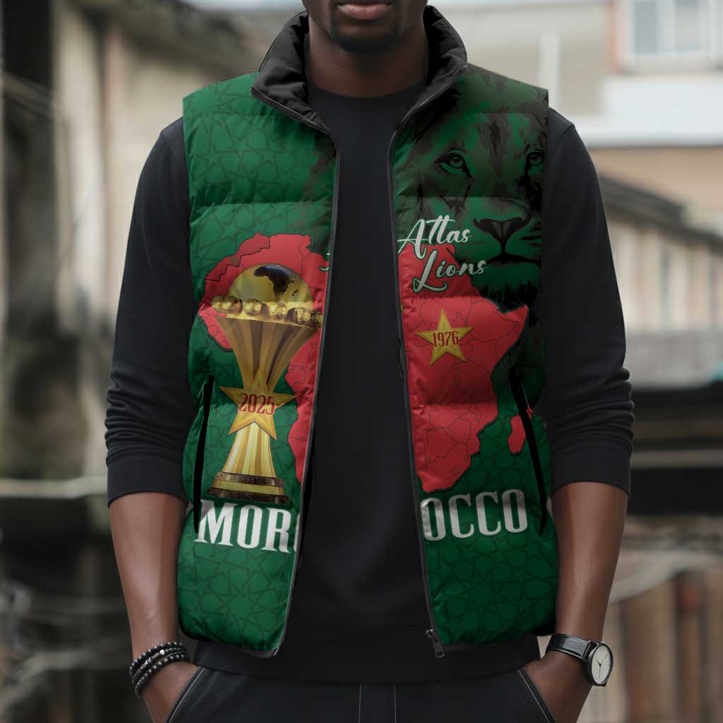Morocco Football Custom Sleeveless Puffer Jacket Atlas Lions Champions African Green Islamic Pattern