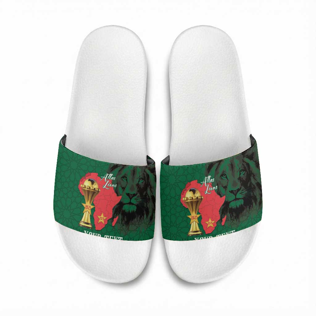 Morocco Football Custom Slide Sandals Atlas Lions Champions African Green Islamic Pattern