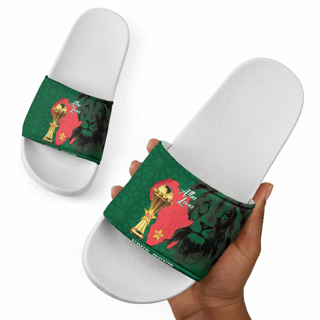 Morocco Football Custom Slide Sandals Atlas Lions Champions African Green Islamic Pattern