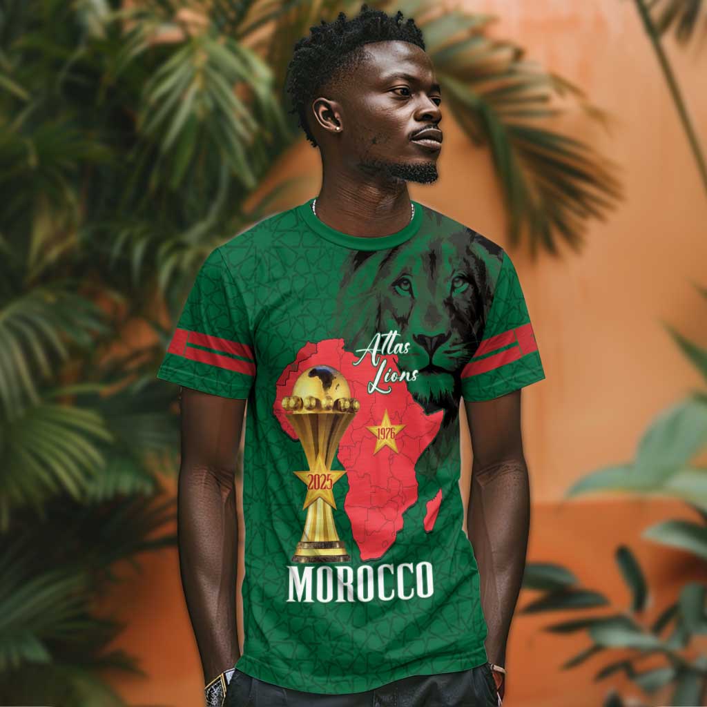 Morocco Football Custom T shirt Atlas Lions Champions African Green Islamic Pattern